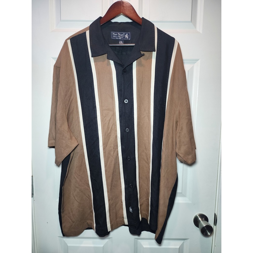Nat Nast Vintage 90s 100% Silk Striped Bowling Shirt Mens XXL Brown Black Retro